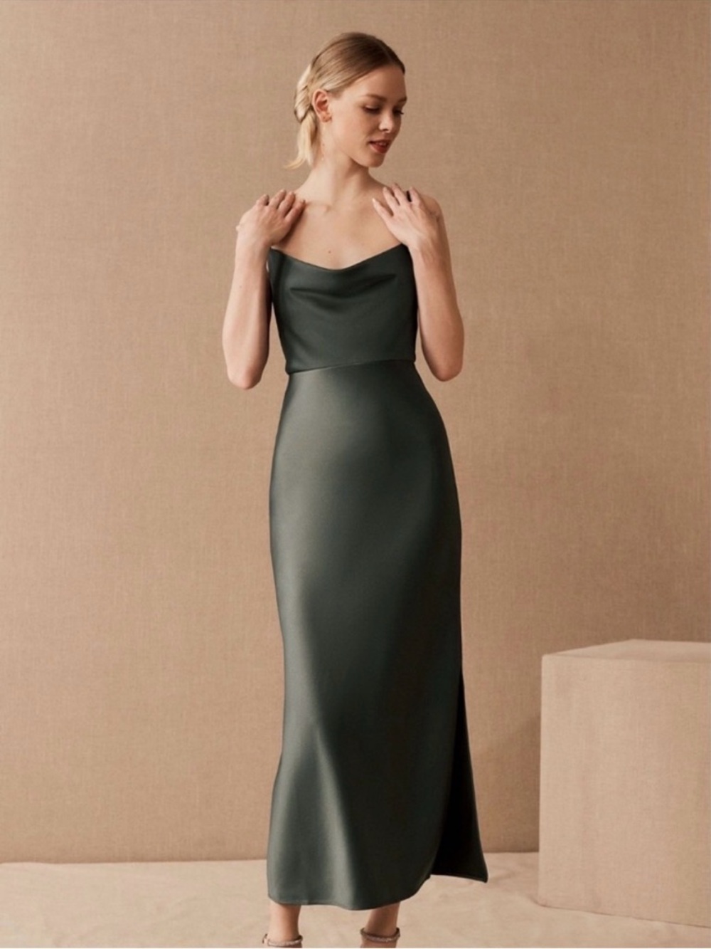 BHLDN Anthropologie Cali Satin Cowl Charmeuse Forest Green Dress